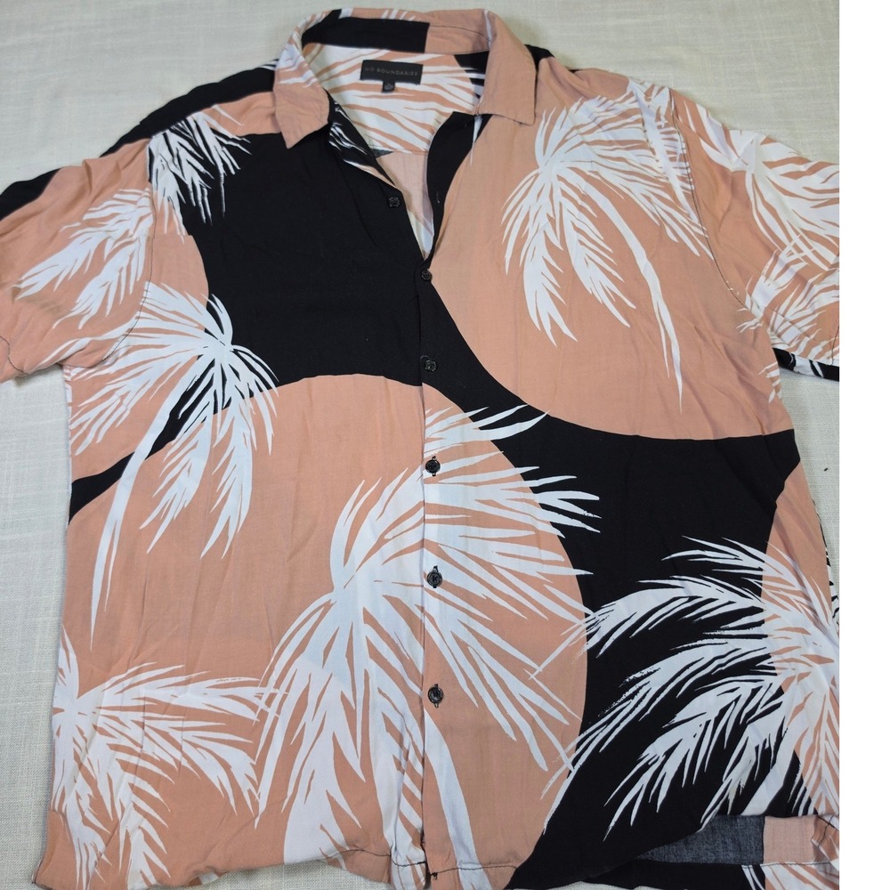 No Boundaries Mens XL Tropical Palm Print Button Down Shirt Peach Black Rayon